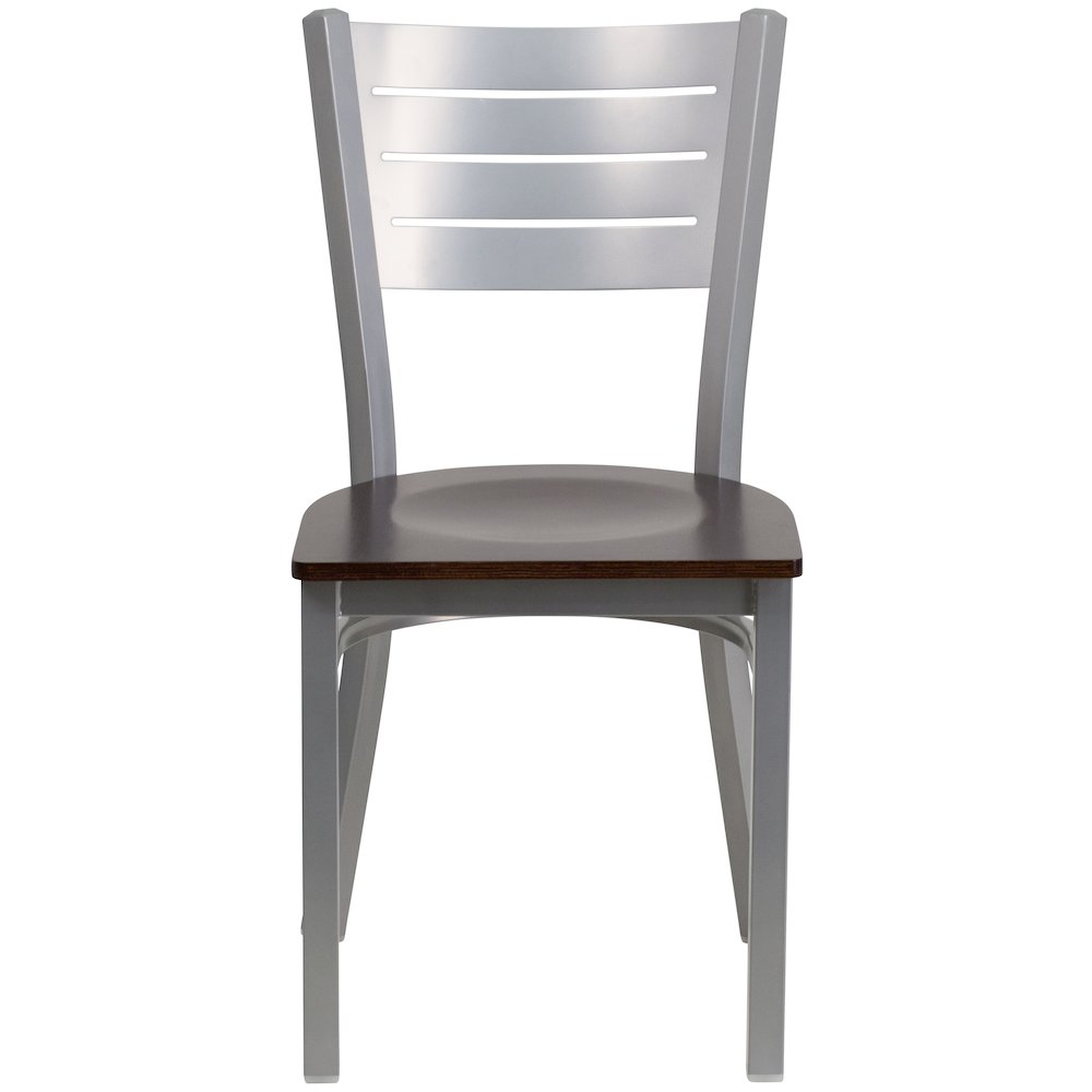 Silver Slat Back Metal Restaurant Chair - Walnut Wood Seat. Picture 6