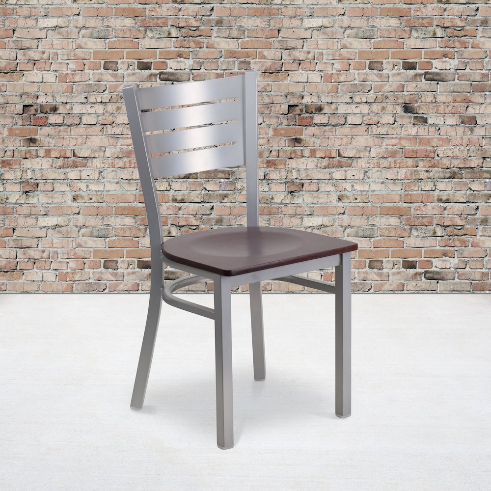 Silver Slat Back Metal Restaurant Chair - Walnut Wood Seat. Picture 2