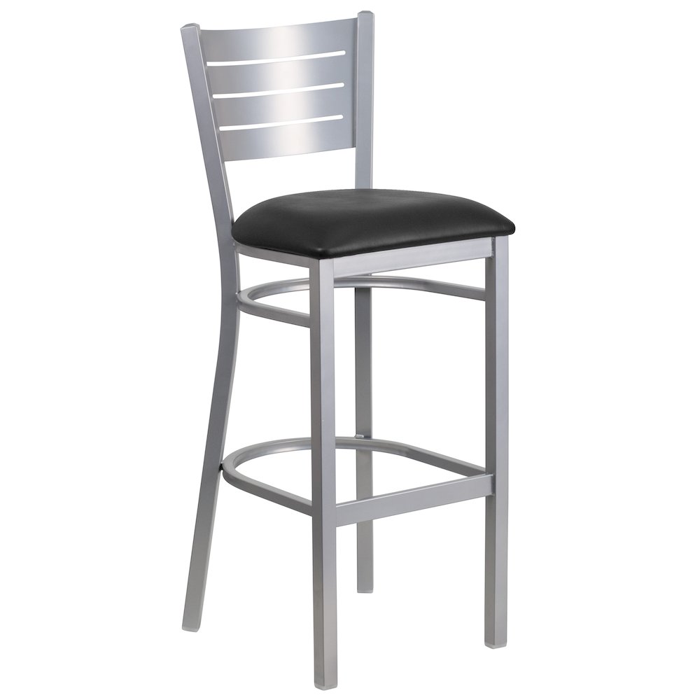 Silver Slat Back Metal Restaurant Barstool - Black Vinyl Seat. Picture 1