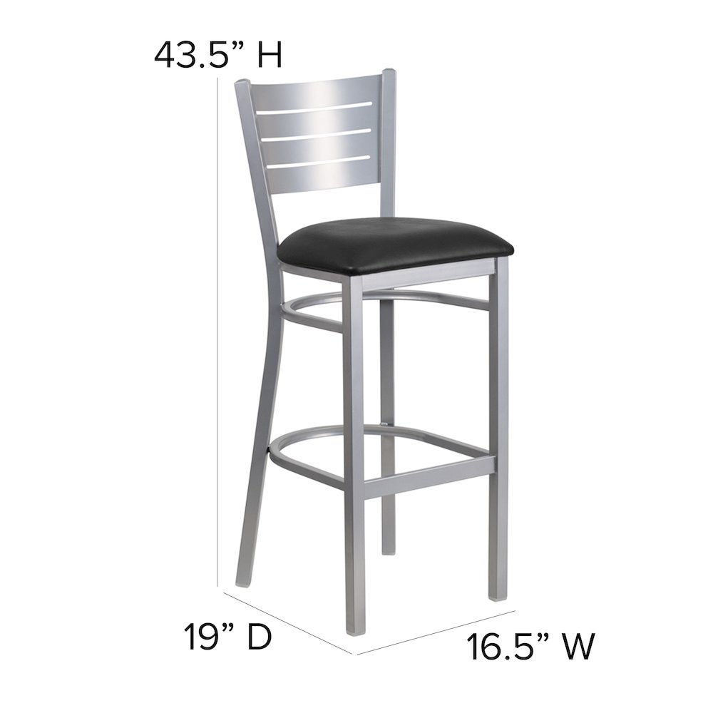Silver Slat Back Metal Restaurant Barstool - Black Vinyl Seat. Picture 6