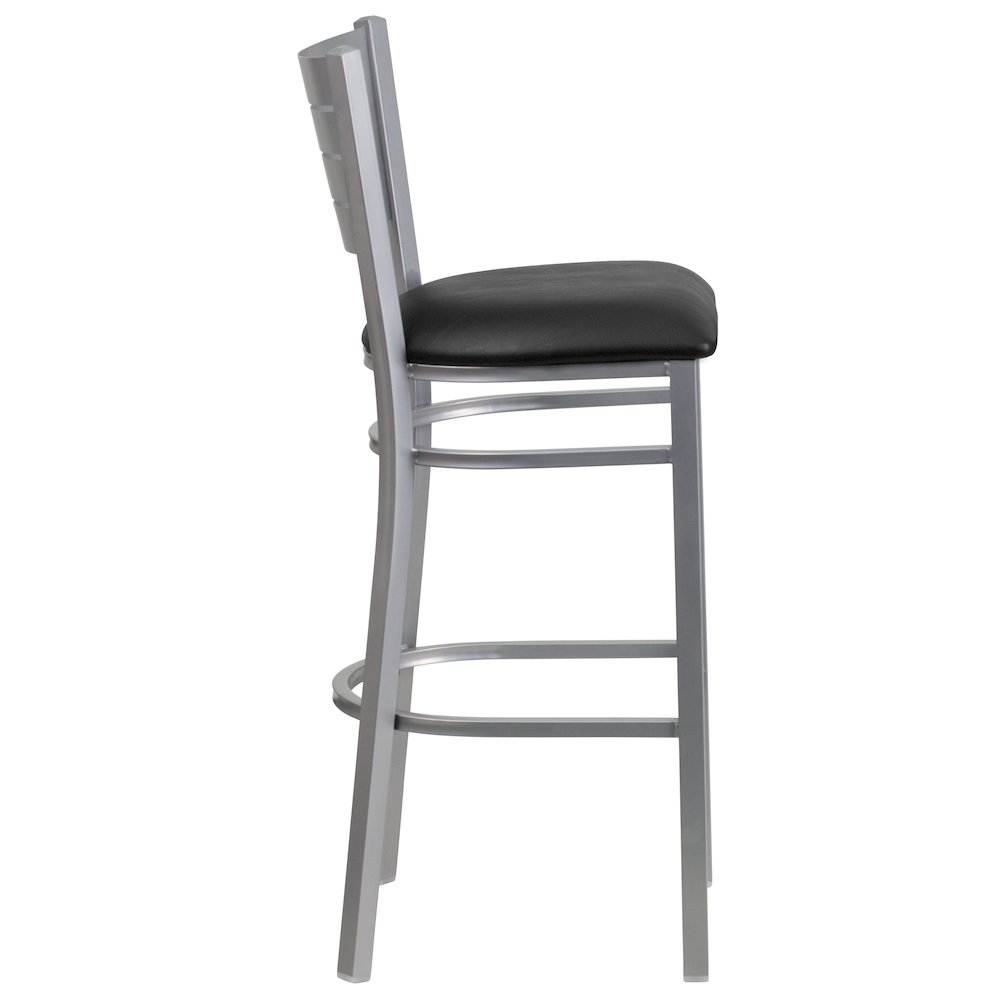 Silver Slat Back Metal Restaurant Barstool - Black Vinyl Seat. Picture 9