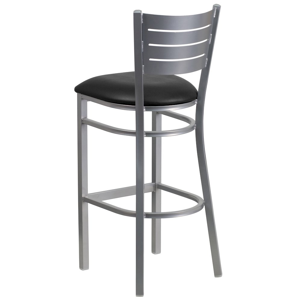 Silver Slat Back Metal Restaurant Barstool - Black Vinyl Seat. Picture 7