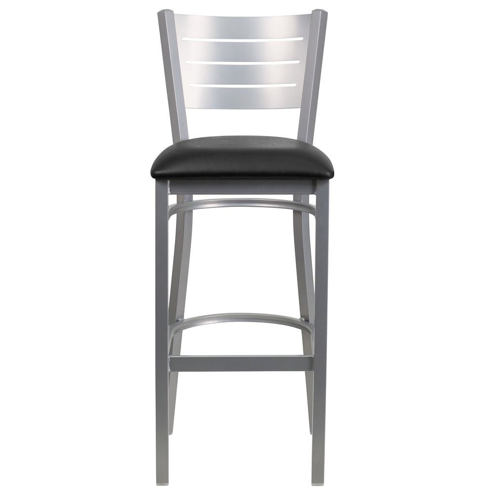 Silver Slat Back Metal Restaurant Barstool - Black Vinyl Seat. Picture 10