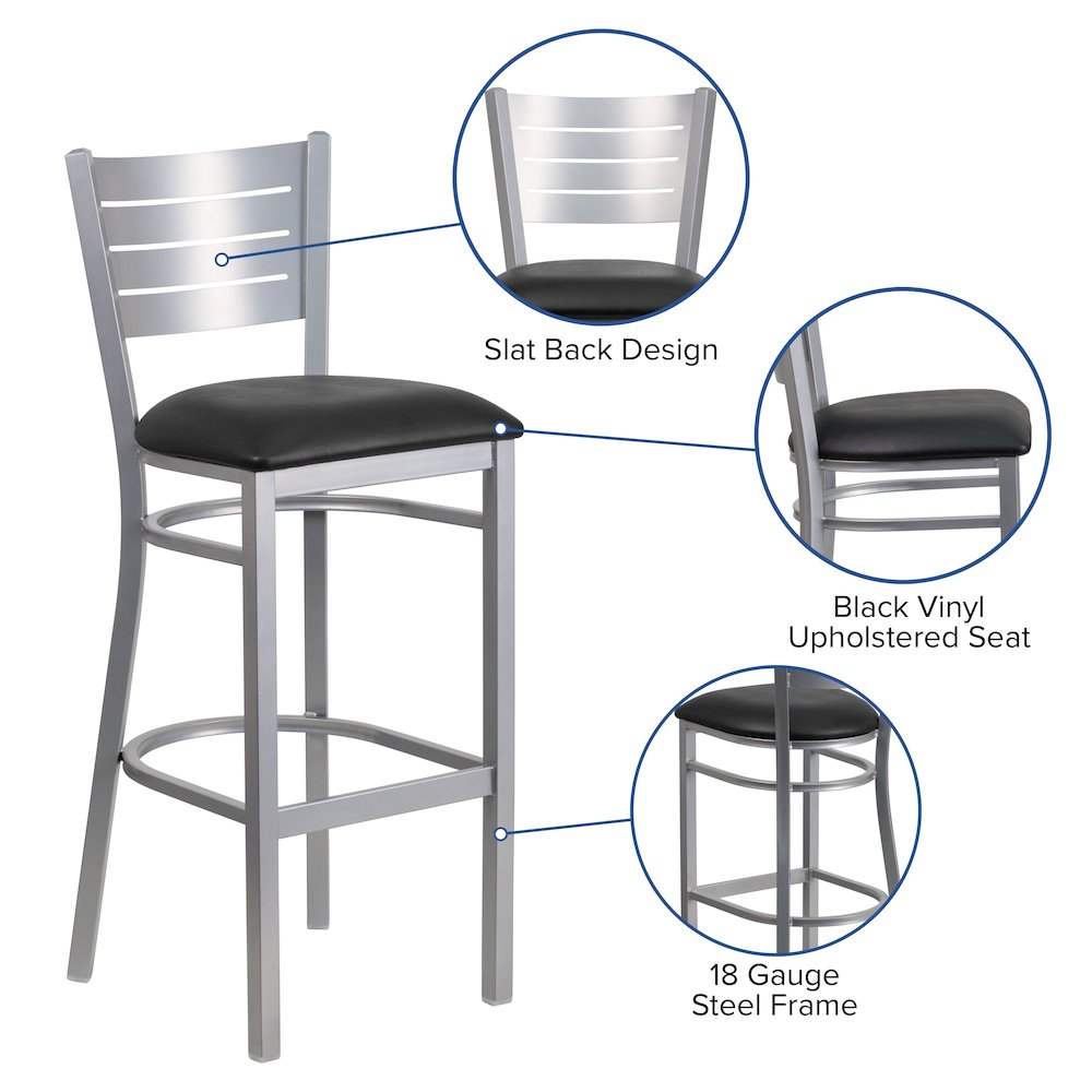 Silver Slat Back Metal Restaurant Barstool - Black Vinyl Seat. Picture 5