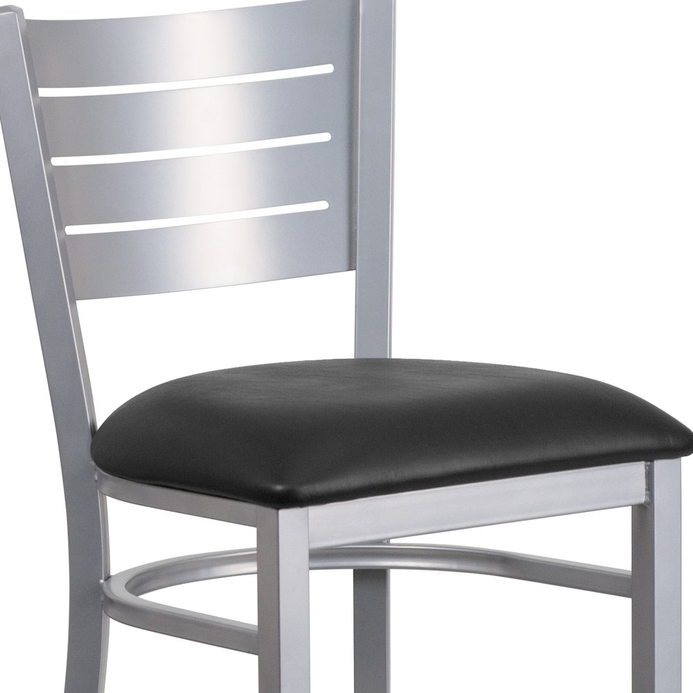 Silver Slat Back Metal Restaurant Barstool - Black Vinyl Seat. Picture 11