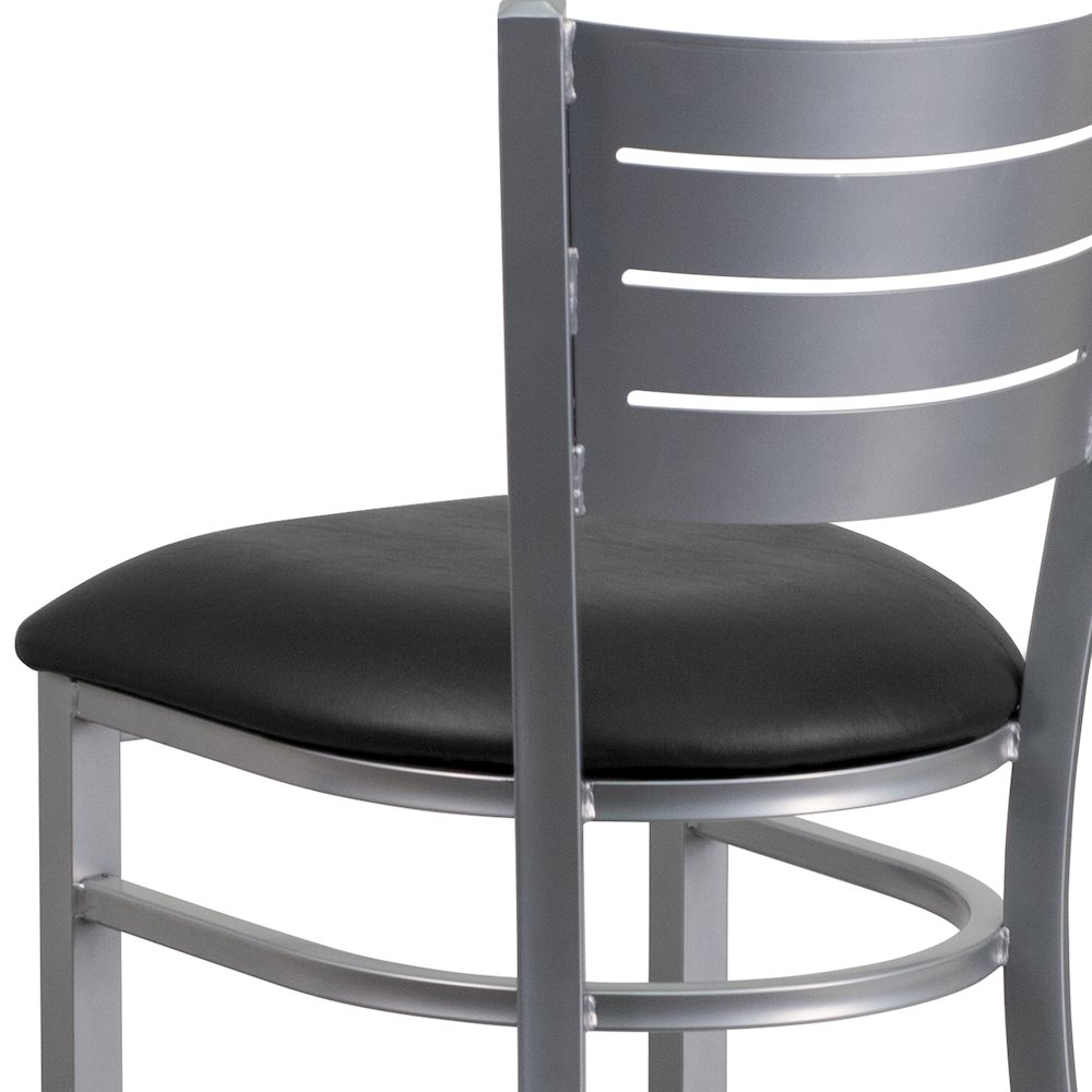 Silver Slat Back Metal Restaurant Barstool - Black Vinyl Seat. Picture 8