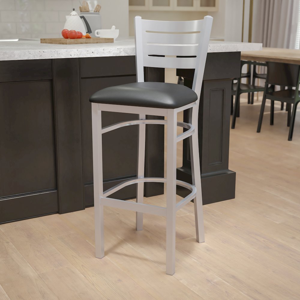 Silver Slat Back Metal Restaurant Barstool - Black Vinyl Seat. Picture 2