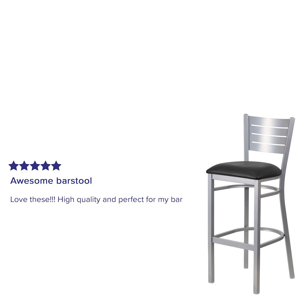 Silver Slat Back Metal Restaurant Barstool - Black Vinyl Seat. Picture 4