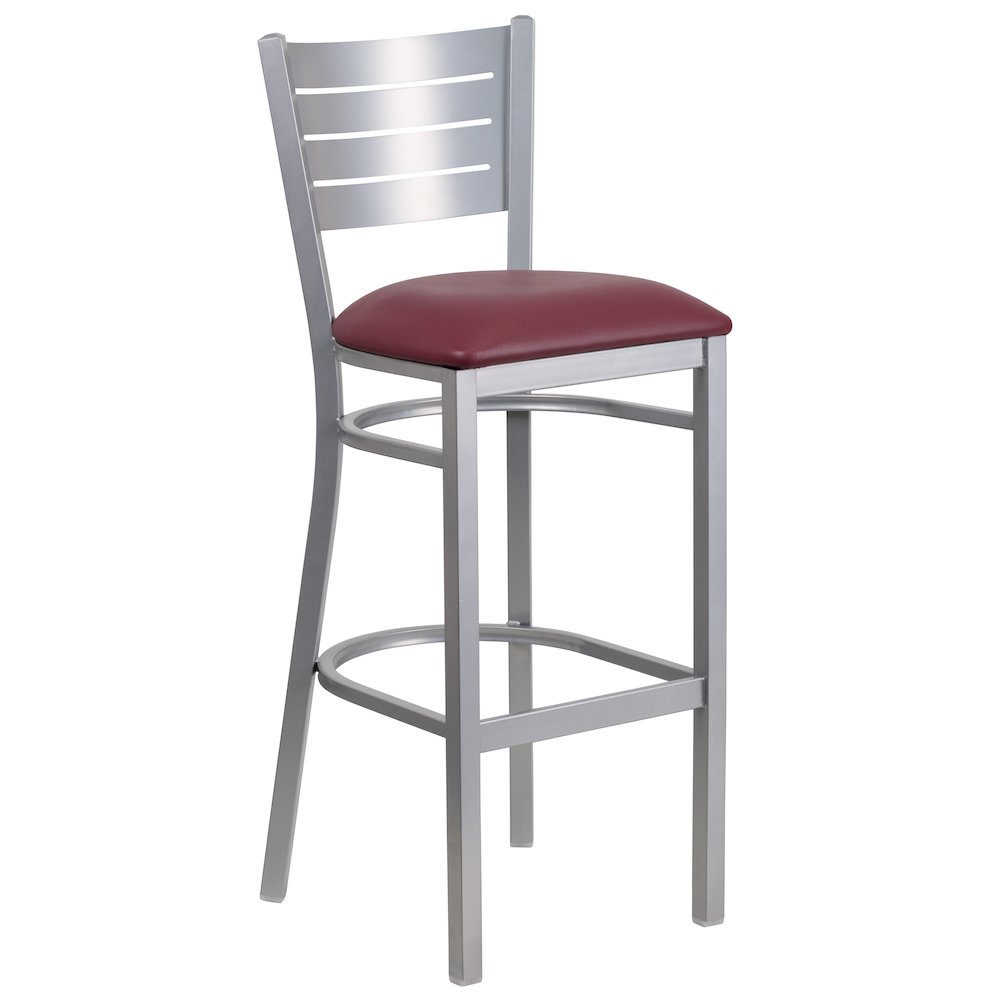 Silver Slat Back Metal Restaurant Barstool - Burgundy Vinyl Seat. Picture 1