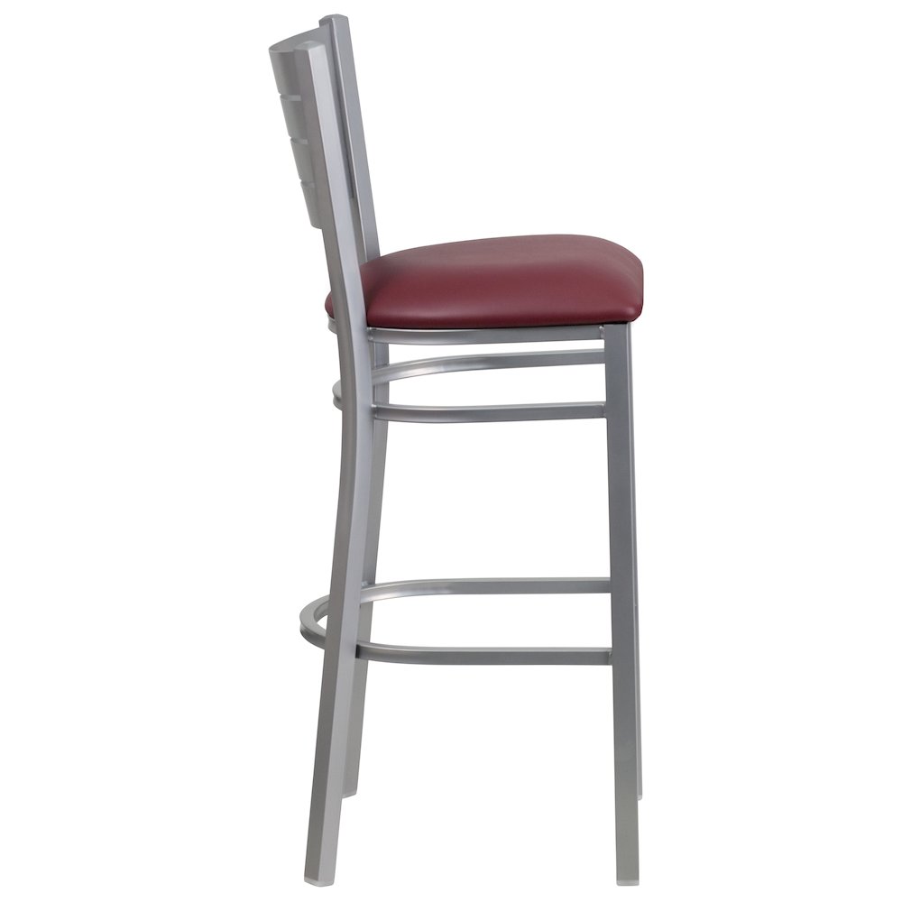 Silver Slat Back Metal Restaurant Barstool - Burgundy Vinyl Seat. Picture 3