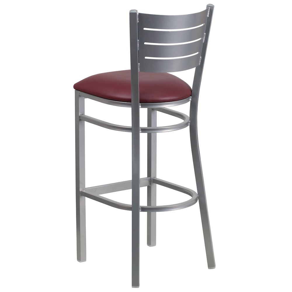Silver Slat Back Metal Restaurant Barstool - Burgundy Vinyl Seat. Picture 2