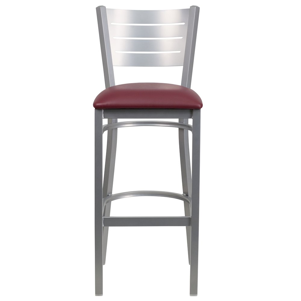 Silver Slat Back Metal Restaurant Barstool - Burgundy Vinyl Seat. Picture 4