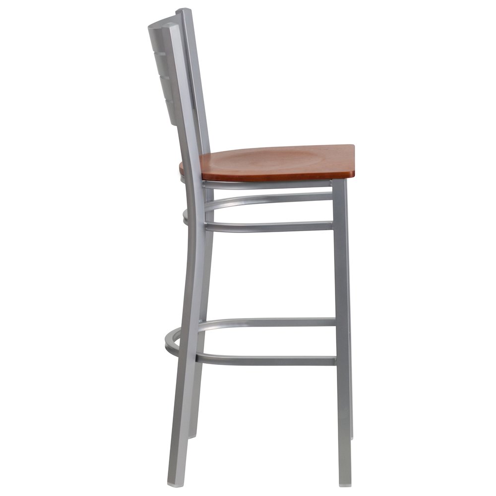Silver Slat Back Metal Restaurant Barstool - Cherry Wood Seat. Picture 2