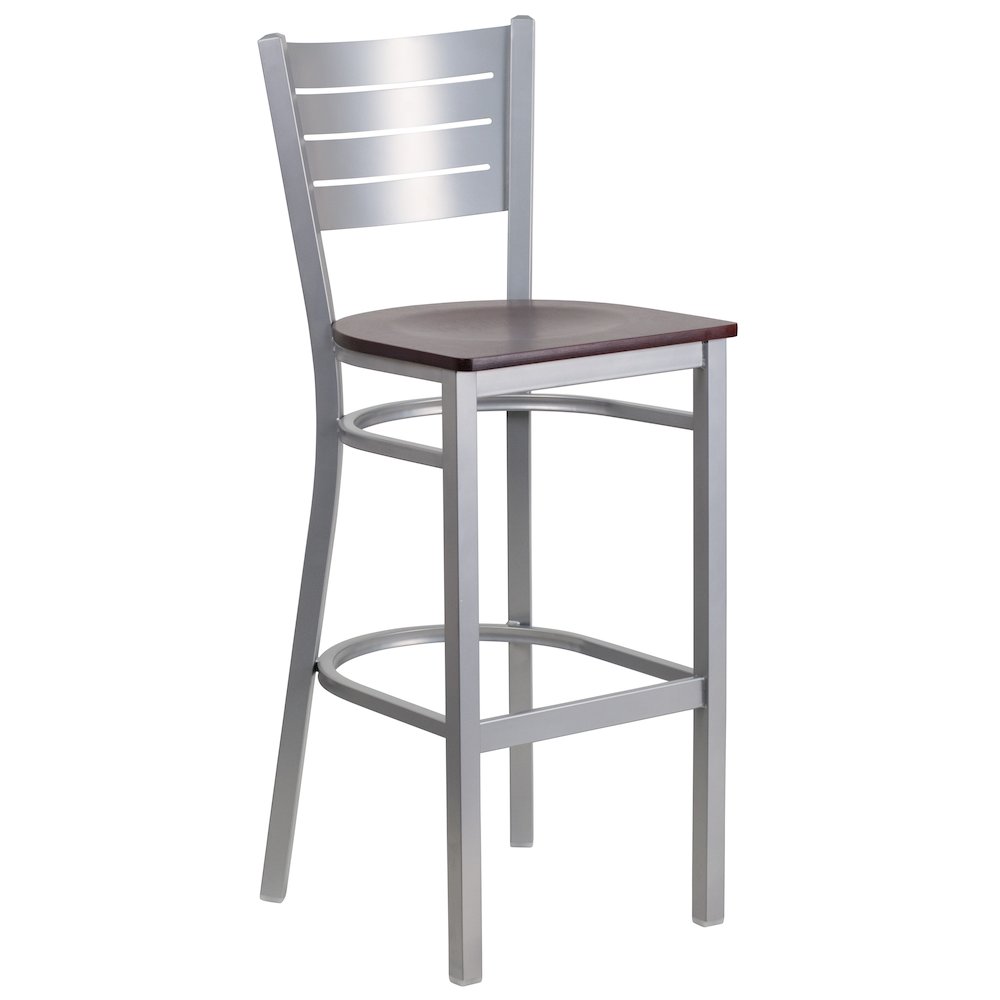 Silver Slat Back Metal Restaurant Barstool - Mahogany Wood Seat. Picture 1