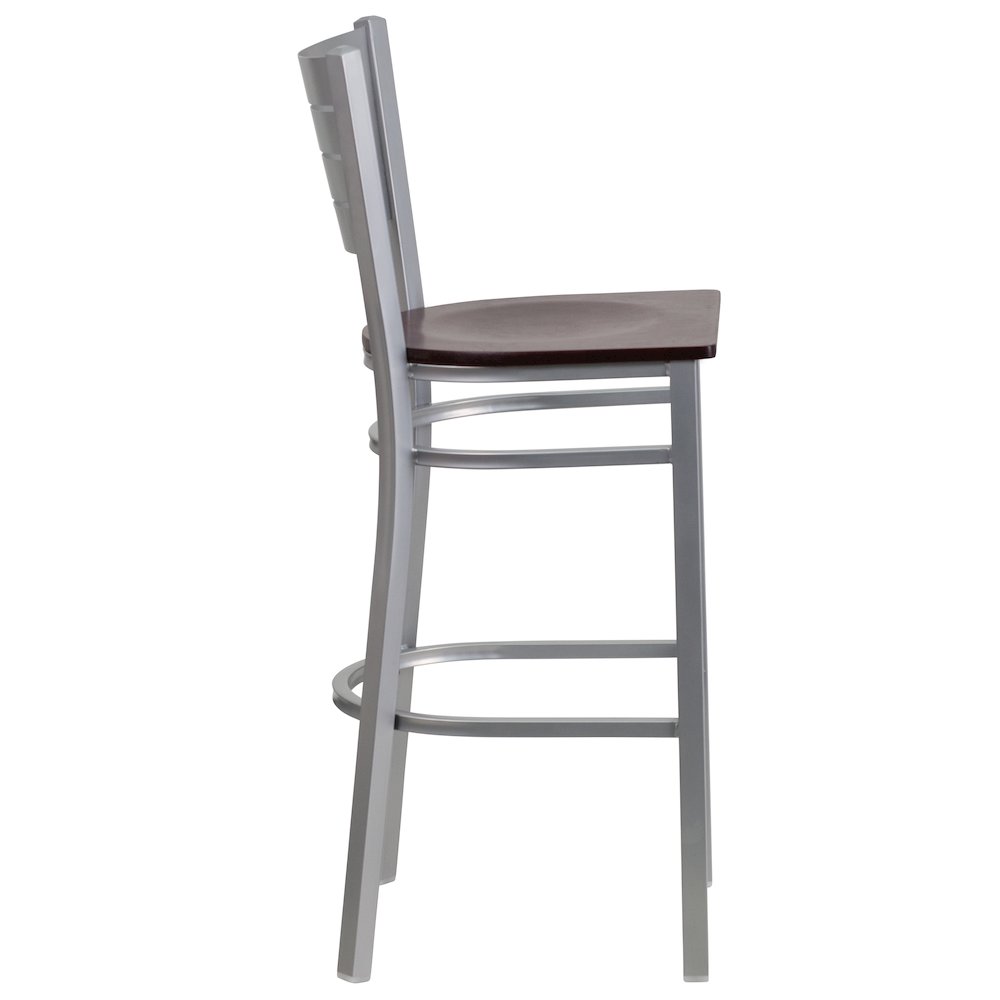 Silver Slat Back Metal Restaurant Barstool - Mahogany Wood Seat. Picture 5