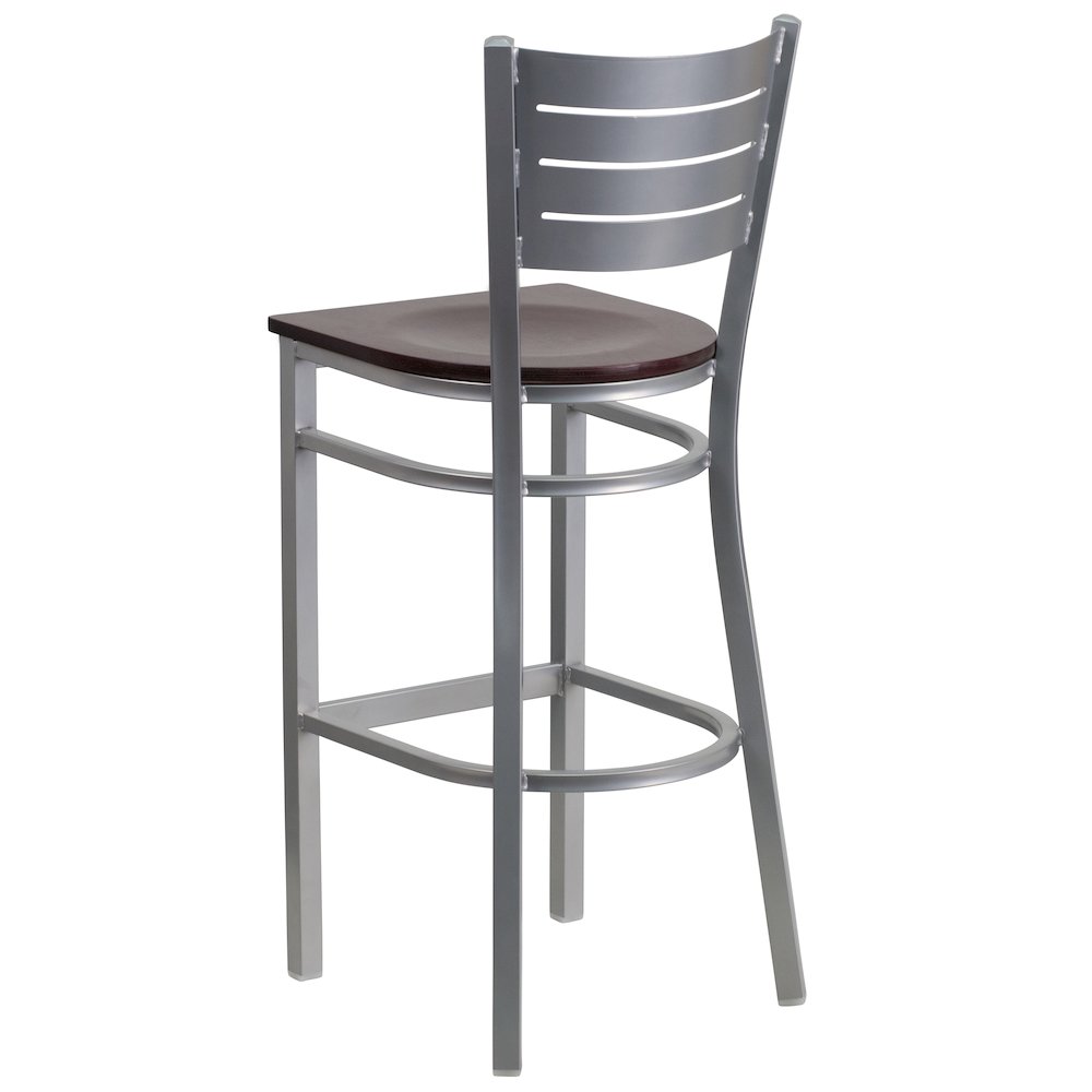 Silver Slat Back Metal Restaurant Barstool - Mahogany Wood Seat. Picture 4