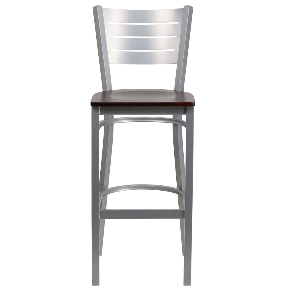 Silver Slat Back Metal Restaurant Barstool - Mahogany Wood Seat. Picture 6
