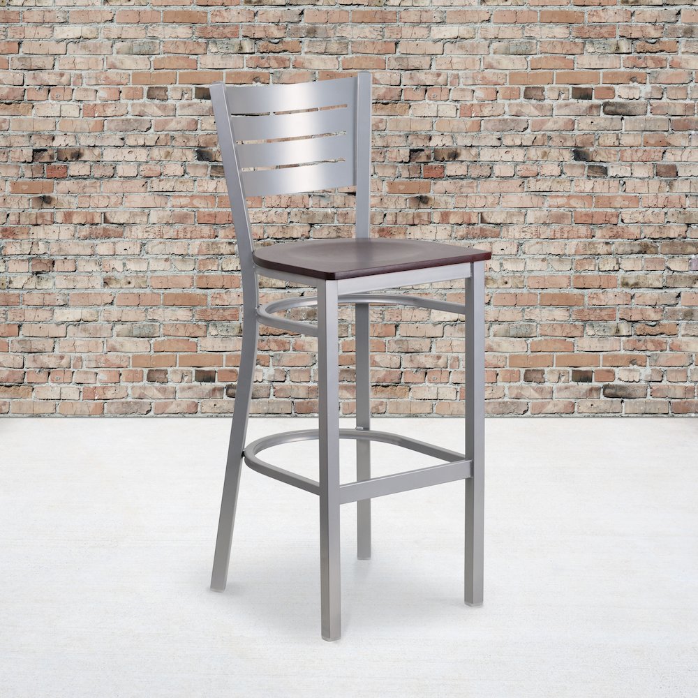 Silver Slat Back Metal Restaurant Barstool - Mahogany Wood Seat. Picture 2