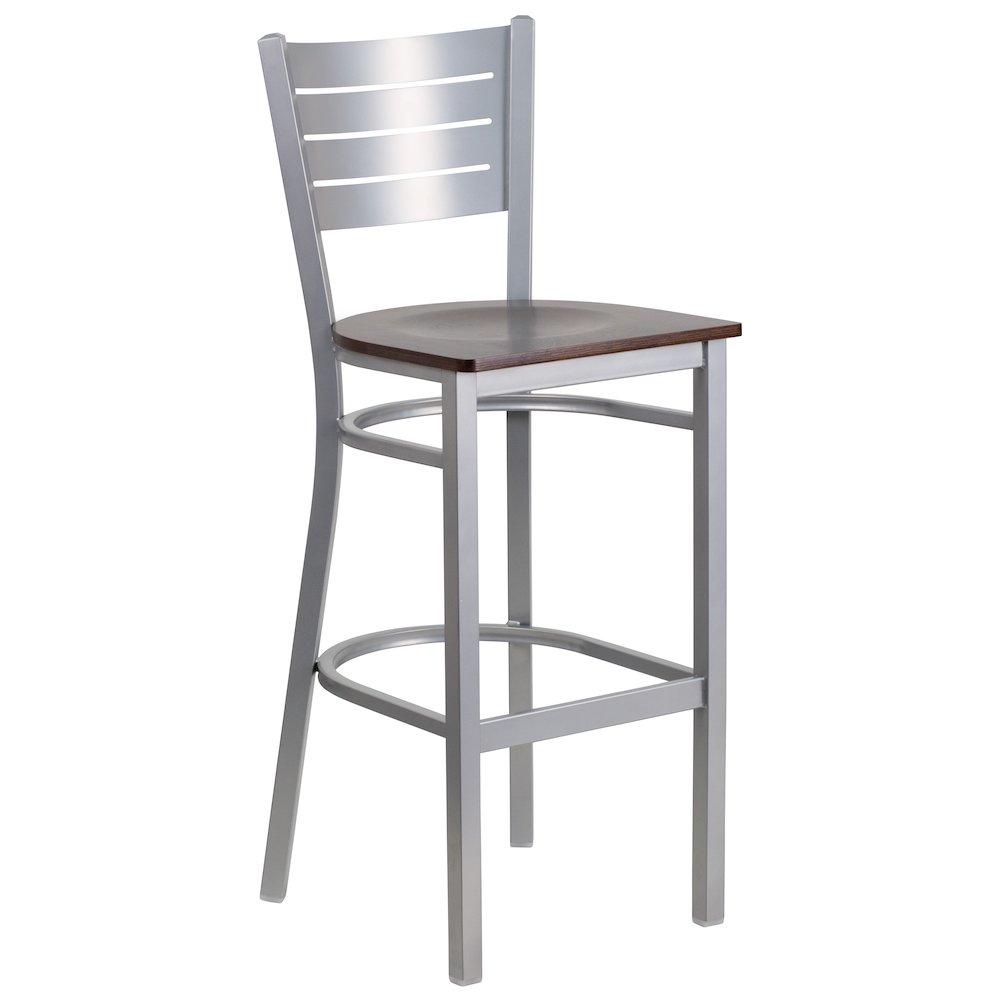 Silver Slat Back Metal Restaurant Barstool - Walnut Wood Seat. Picture 1