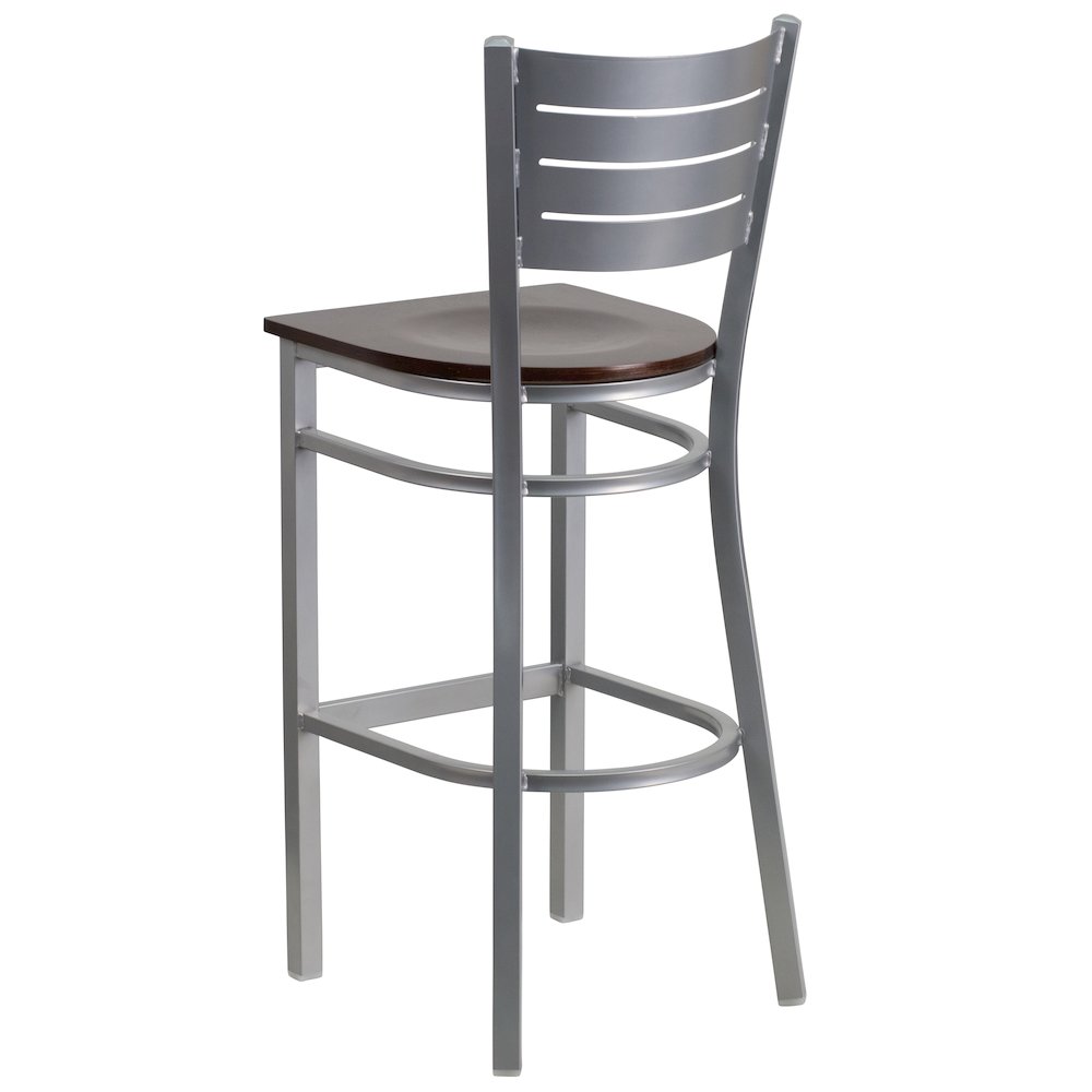 Silver Slat Back Metal Restaurant Barstool - Walnut Wood Seat. Picture 4