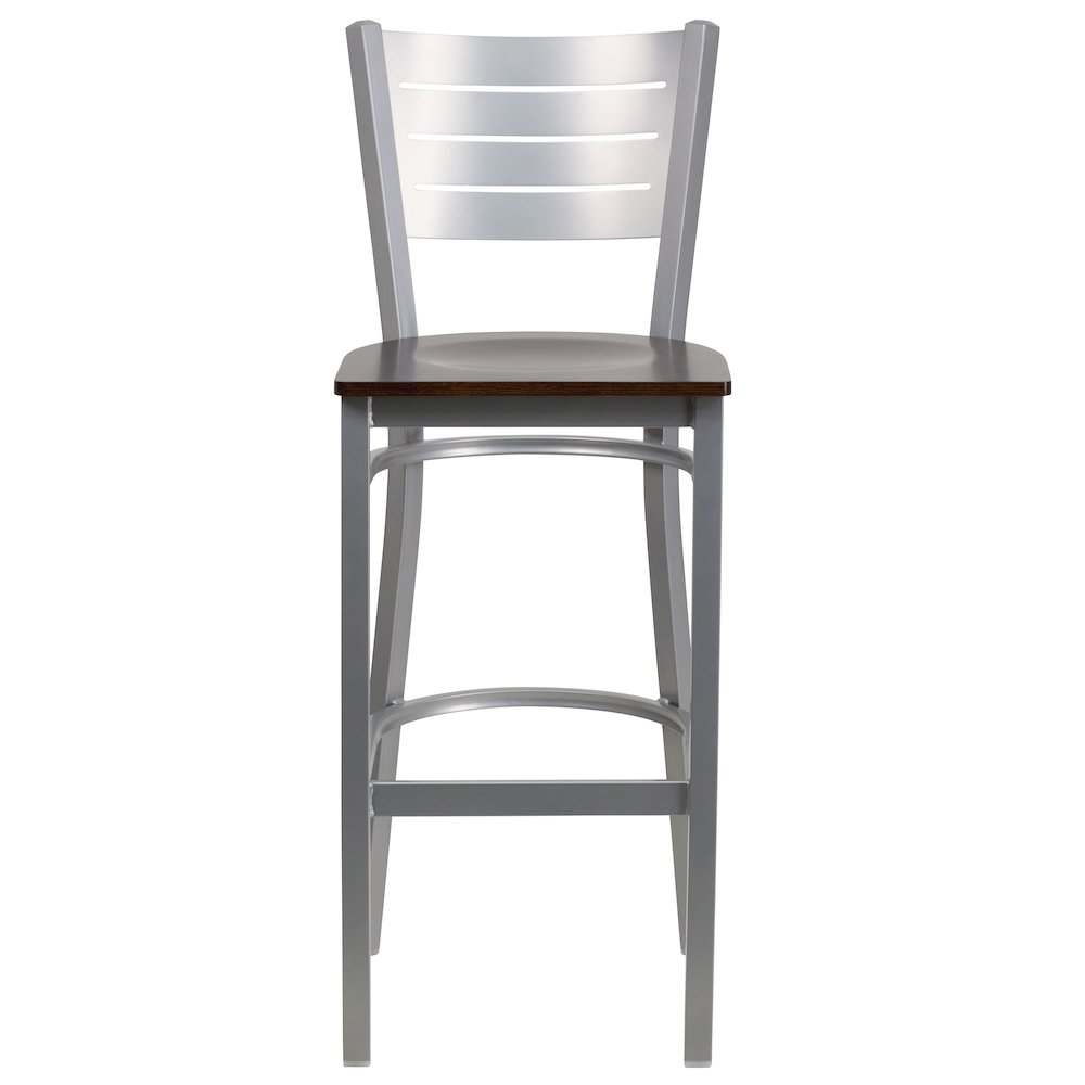 Silver Slat Back Metal Restaurant Barstool - Walnut Wood Seat. Picture 6