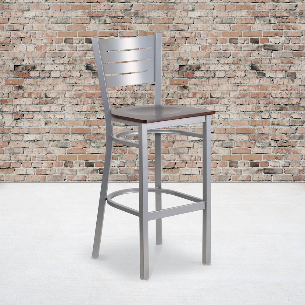 Silver Slat Back Metal Restaurant Barstool - Walnut Wood Seat. Picture 2