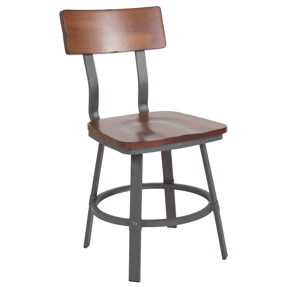 Rustic Walnut Restaurant Chair with Wood Seat & Back and Gray Powder Coat Frame. Picture 1
