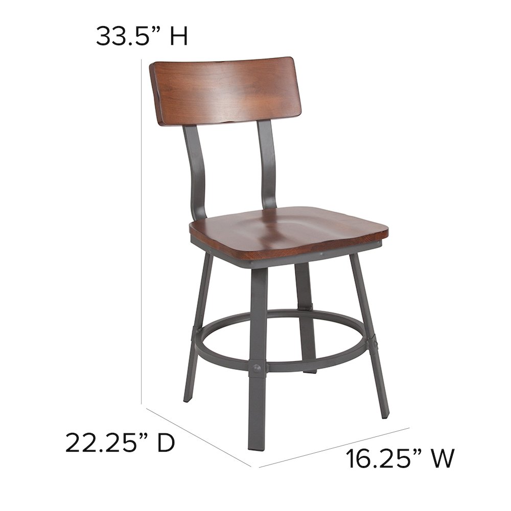 Rustic Walnut Restaurant Chair with Wood Seat & Back and Gray Powder Coat Frame. Picture 5