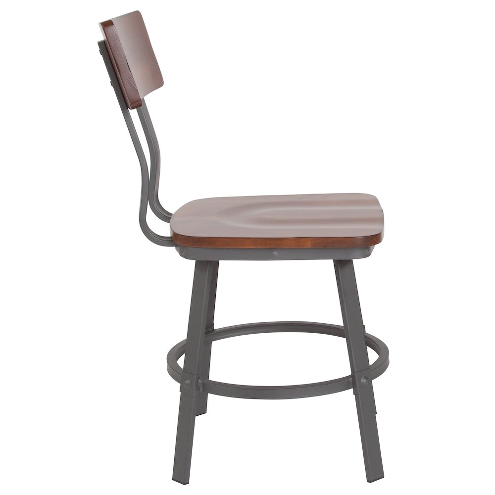 Rustic Walnut Restaurant Chair with Wood Seat & Back and Gray Powder Coat Frame. Picture 8