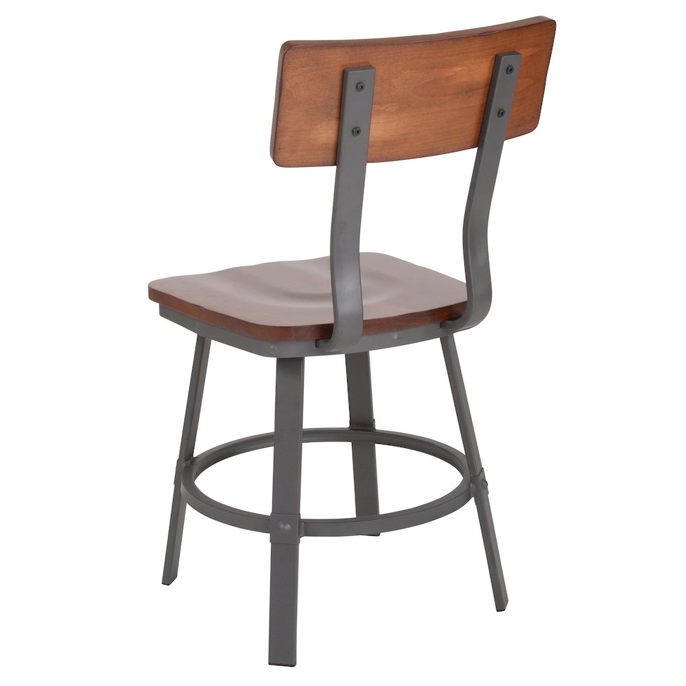 Rustic Walnut Restaurant Chair with Wood Seat & Back and Gray Powder Coat Frame. Picture 6