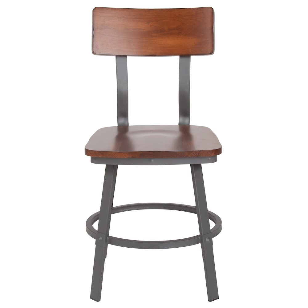 Rustic Walnut Restaurant Chair with Wood Seat & Back and Gray Powder Coat Frame. Picture 9