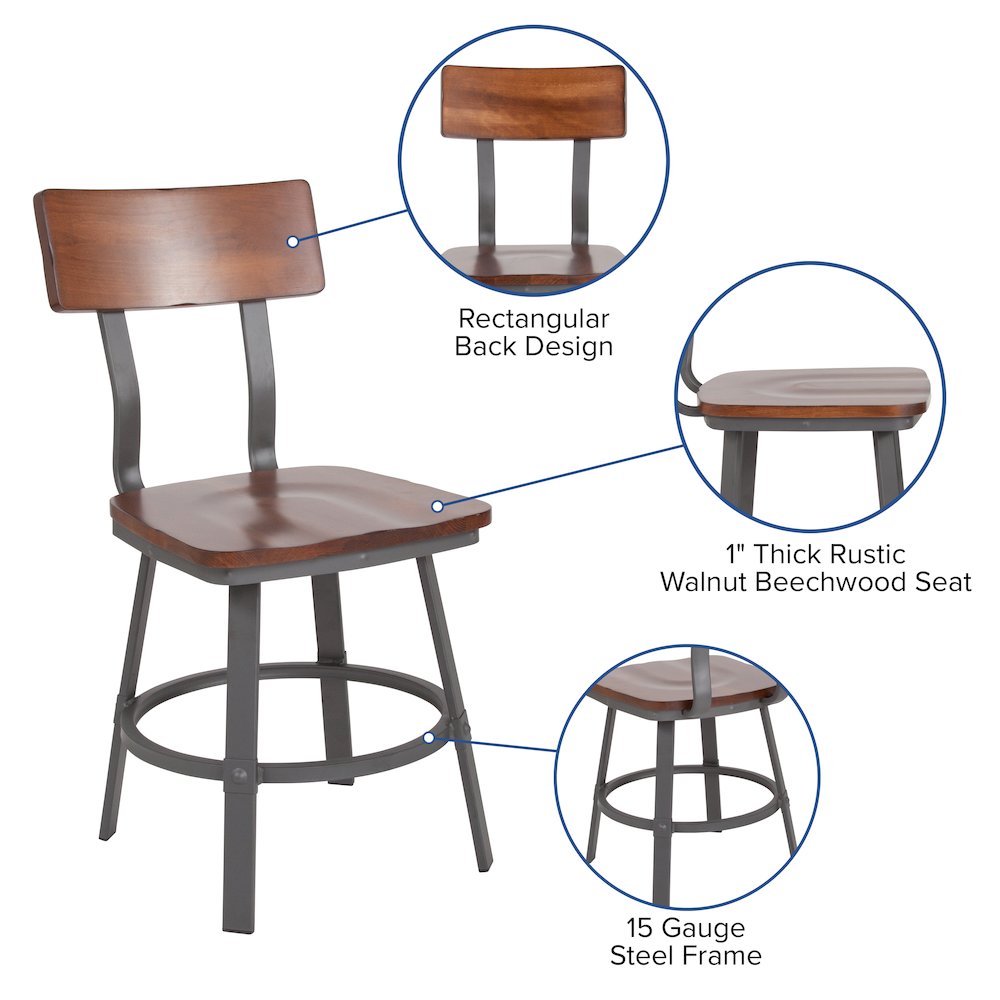 Rustic Walnut Restaurant Chair with Wood Seat & Back and Gray Powder Coat Frame. Picture 4