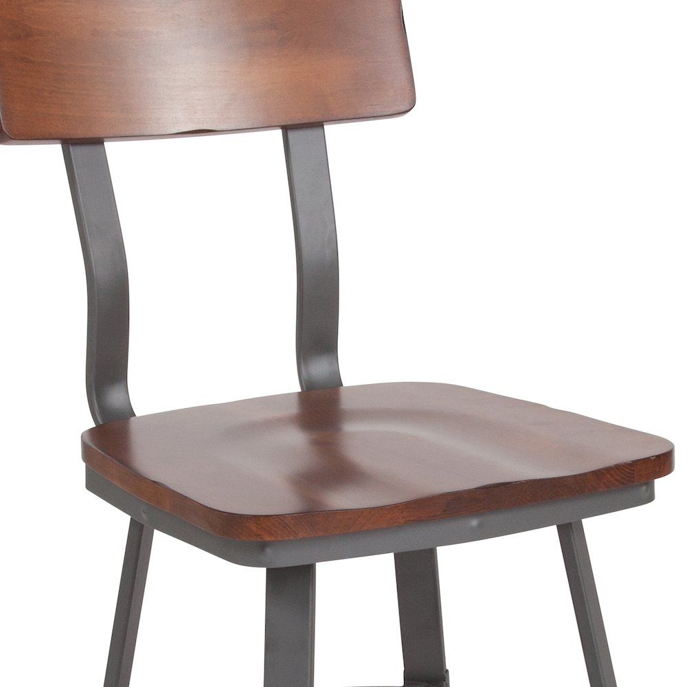 Rustic Walnut Restaurant Chair with Wood Seat & Back and Gray Powder Coat Frame. Picture 7