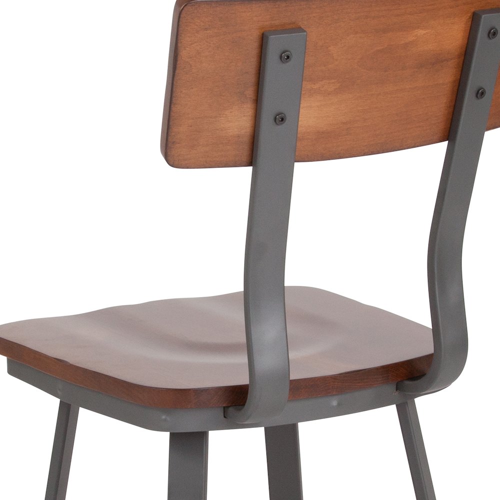 Rustic Walnut Restaurant Chair with Wood Seat & Back and Gray Powder Coat Frame. Picture 10