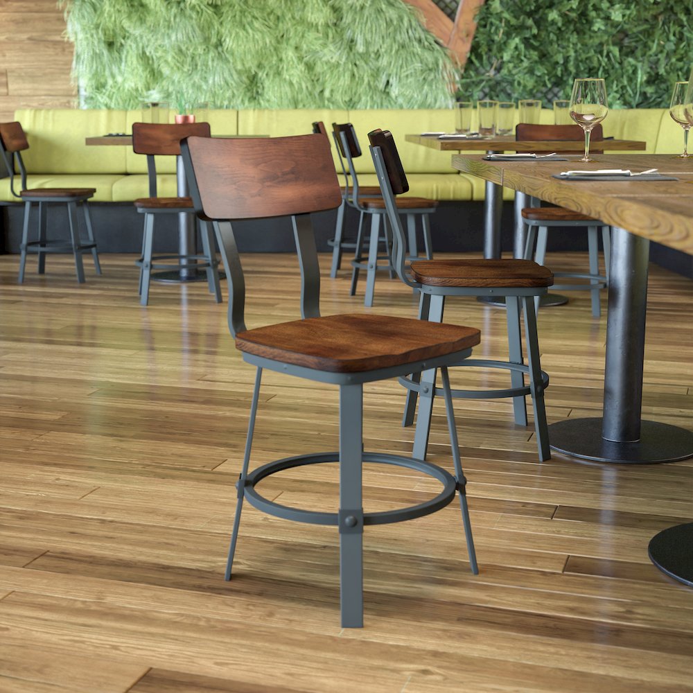 Rustic Walnut Restaurant Chair with Wood Seat & Back and Gray Powder Coat Frame. Picture 2