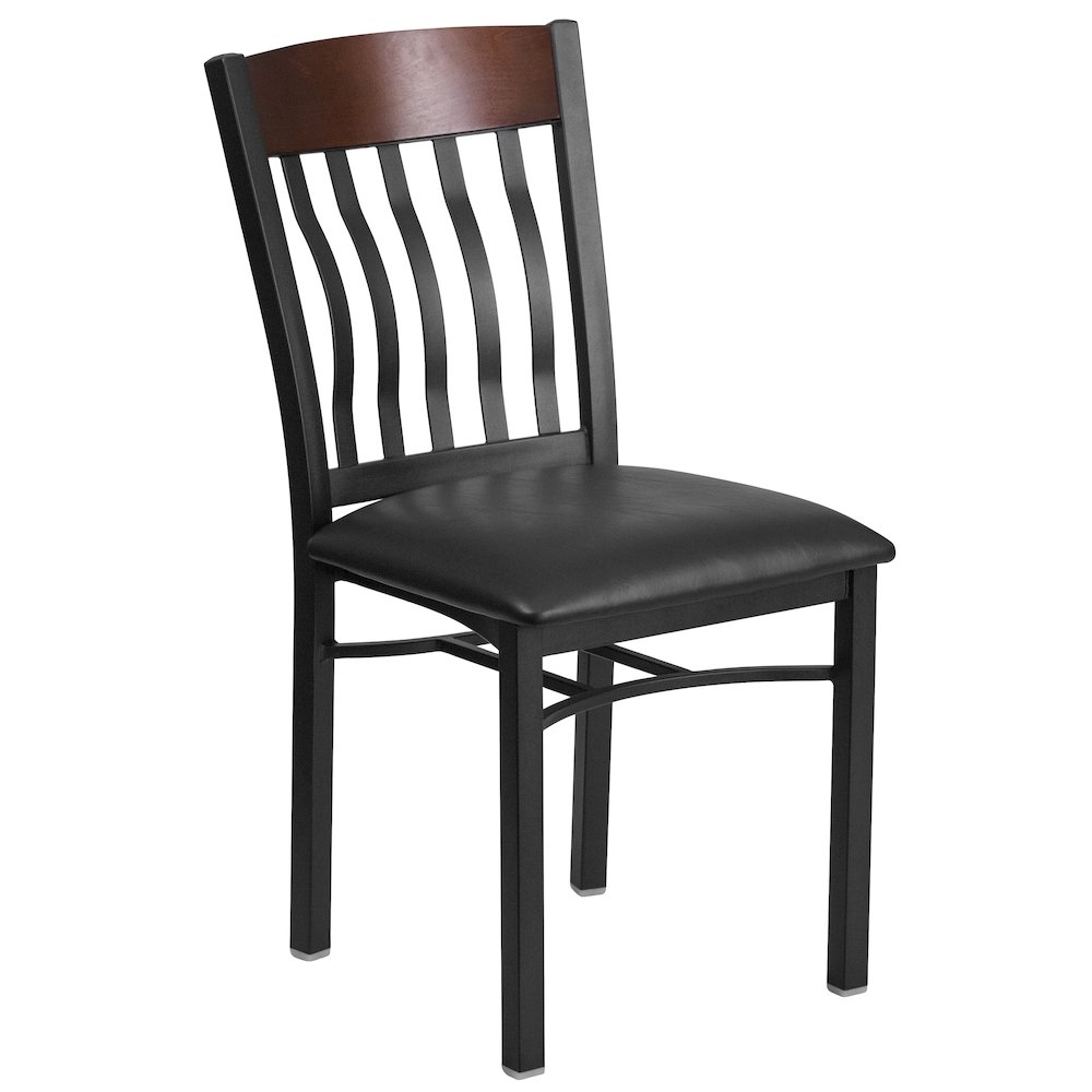 Vertical Back Black Metal and Walnut Wood Restaurant Chair with Black Vinyl Seat. Picture 1