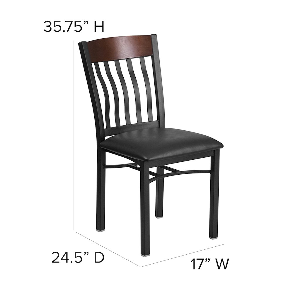 Vertical Back Black Metal and Walnut Wood Restaurant Chair with Black Vinyl Seat. Picture 5