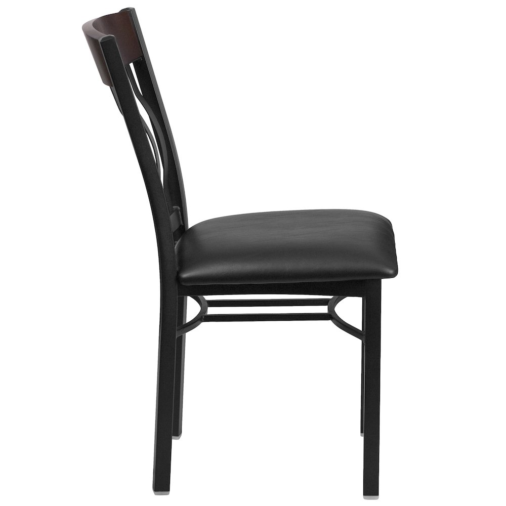 Vertical Back Black Metal and Walnut Wood Restaurant Chair with Black Vinyl Seat. Picture 8