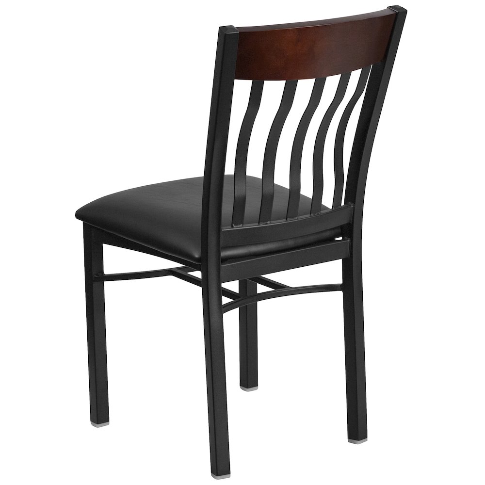 Vertical Back Black Metal and Walnut Wood Restaurant Chair with Black Vinyl Seat. Picture 6