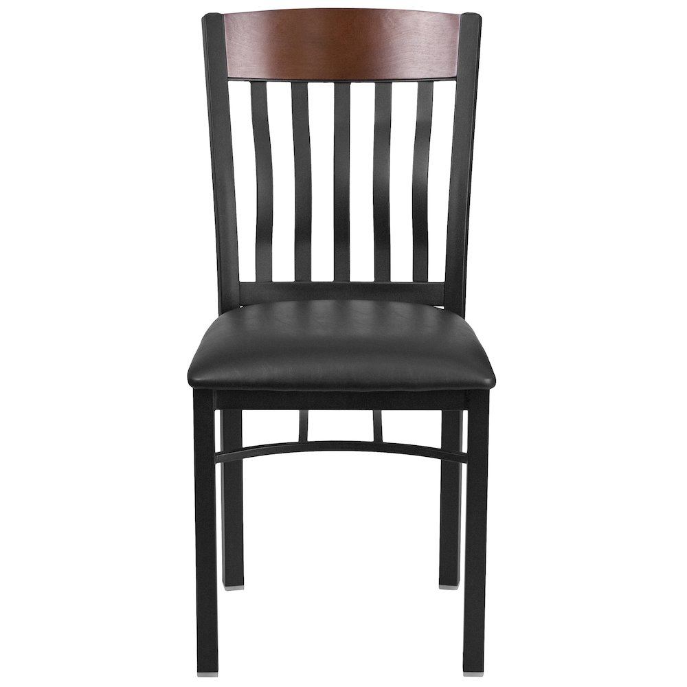 Vertical Back Black Metal and Walnut Wood Restaurant Chair with Black Vinyl Seat. Picture 9