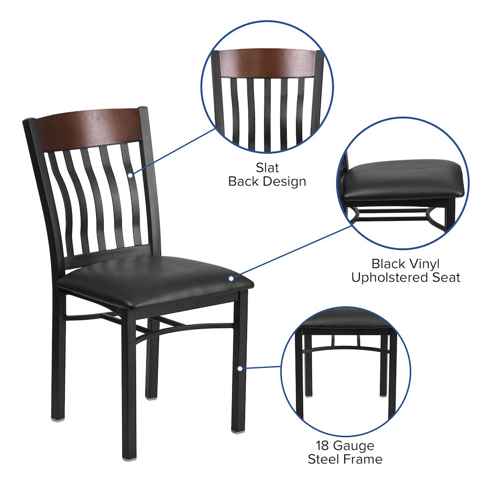 Vertical Back Black Metal and Walnut Wood Restaurant Chair with Black Vinyl Seat. Picture 4