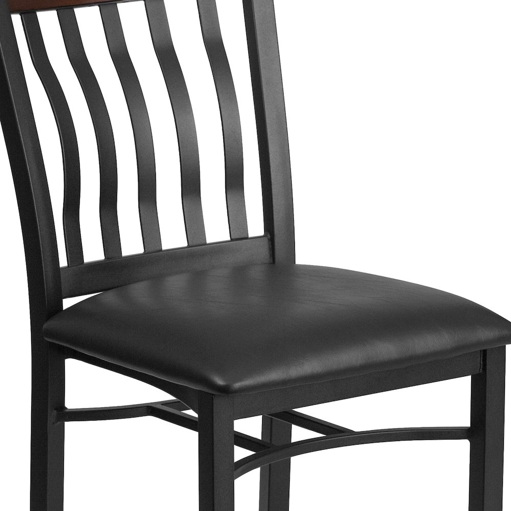 Vertical Back Black Metal and Walnut Wood Restaurant Chair with Black Vinyl Seat. Picture 7