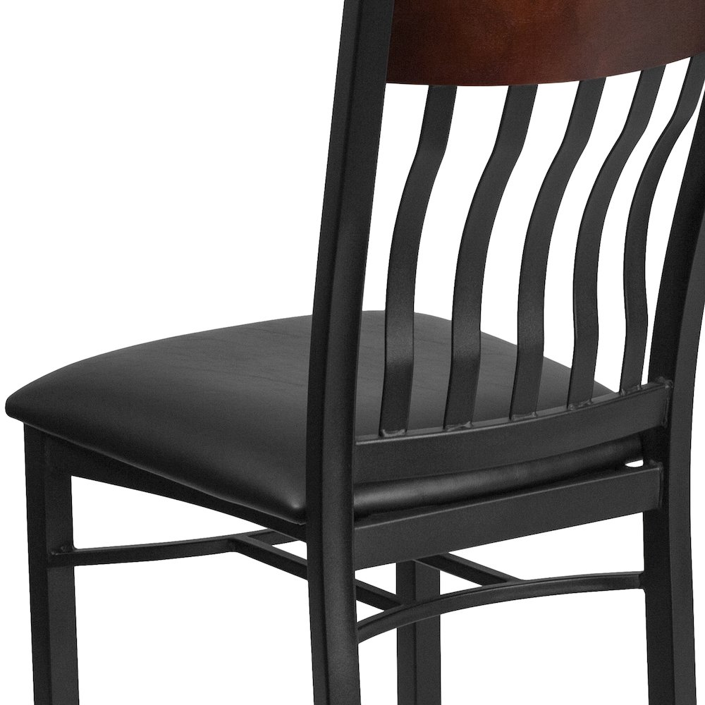 Vertical Back Black Metal and Walnut Wood Restaurant Chair with Black Vinyl Seat. Picture 10