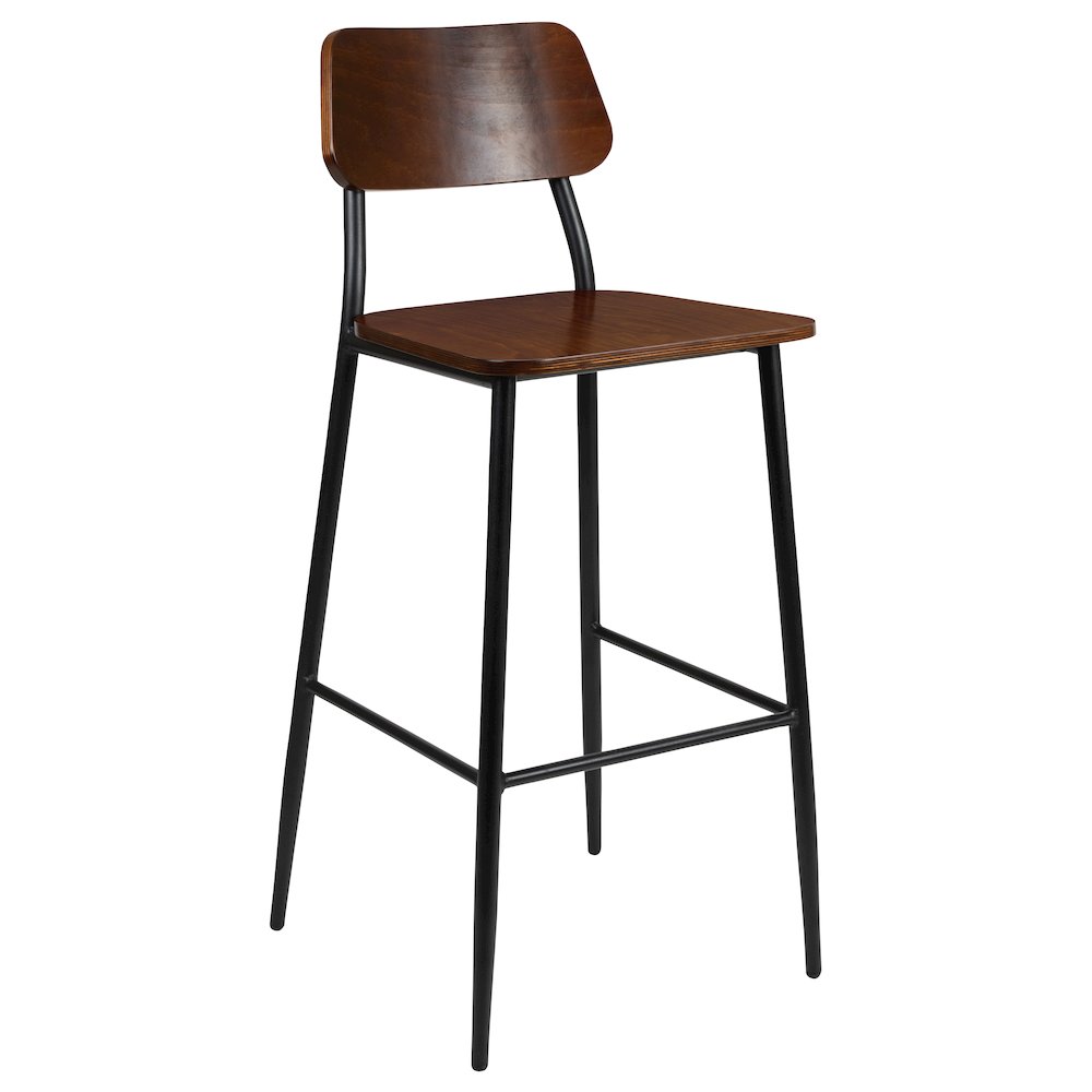 Industrial Barstool with Gunmetal Steel Frame and Rustic Wood Seat. Picture 1