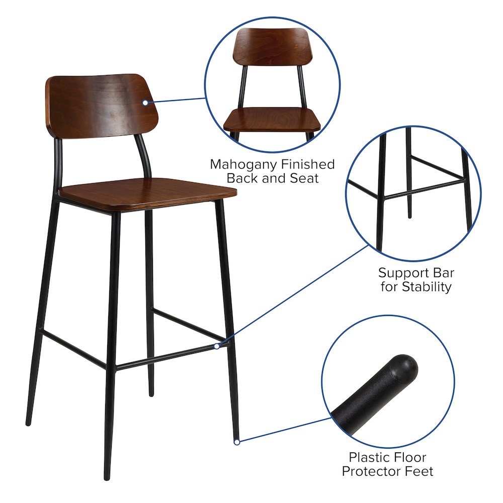 Industrial Barstool with Gunmetal Steel Frame and Rustic Wood Seat. Picture 4