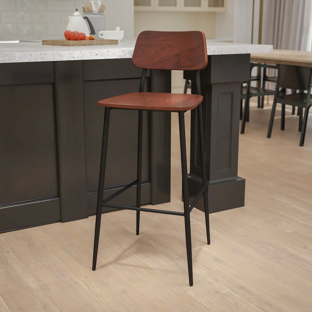 Industrial Barstool with Gunmetal Steel Frame and Rustic Wood Seat. Picture 2