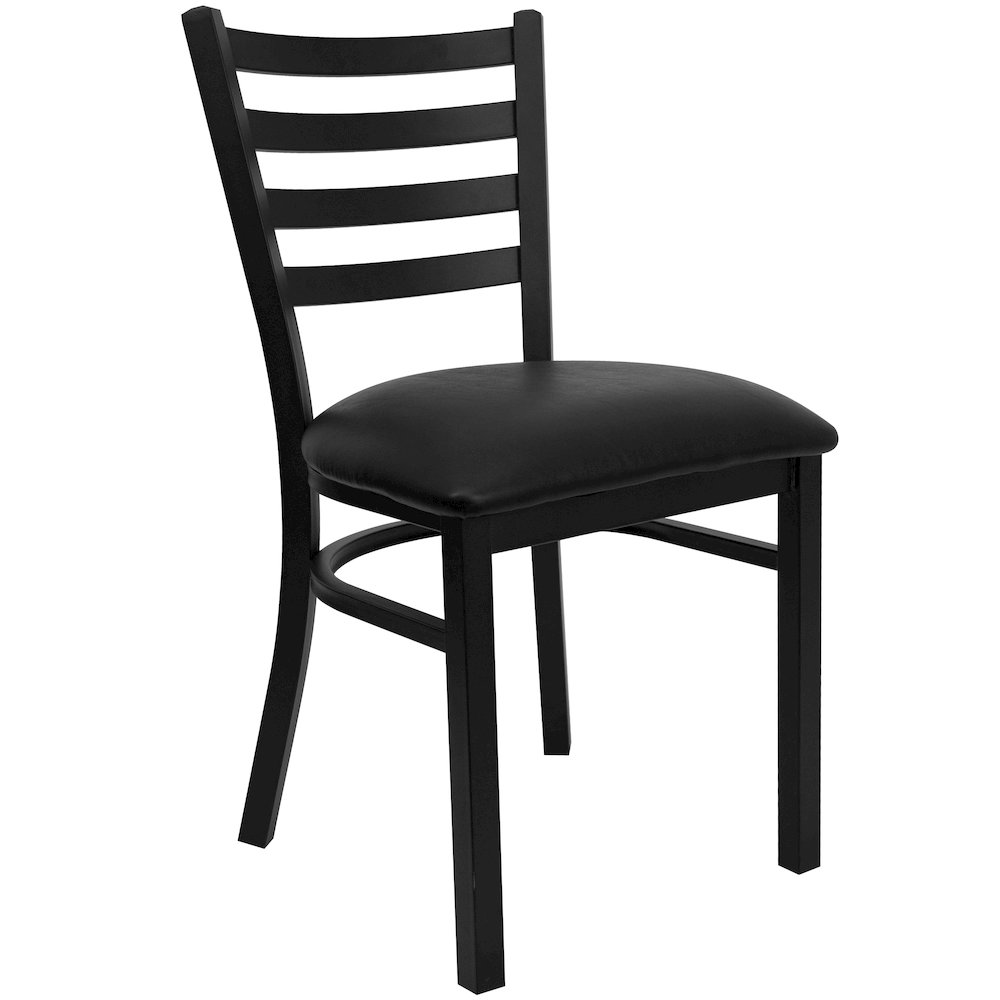 Black Ladder Back Metal Restaurant Chair - Black Vinyl Seat. Picture 1