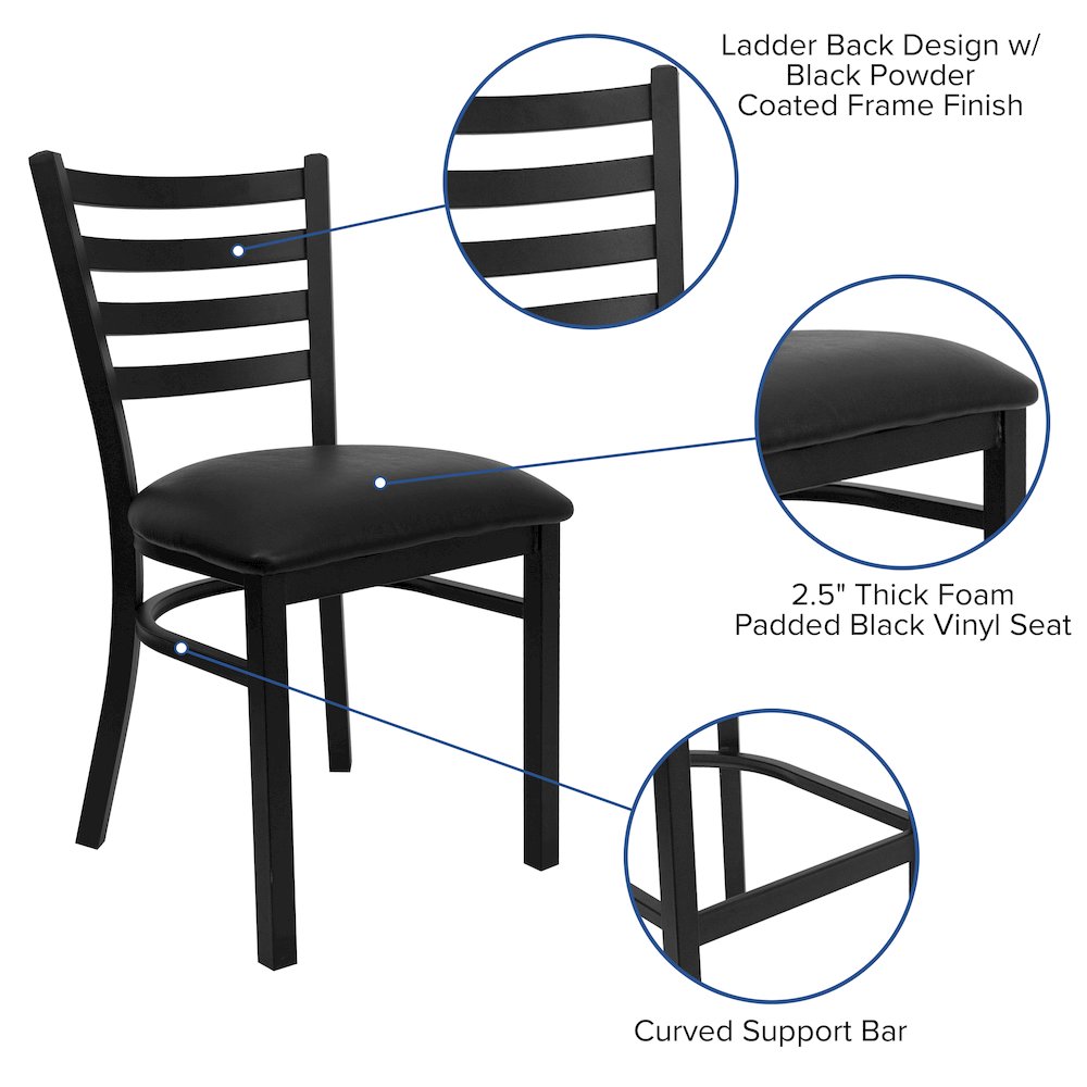 Black Ladder Back Metal Restaurant Chair - Black Vinyl Seat. Picture 5