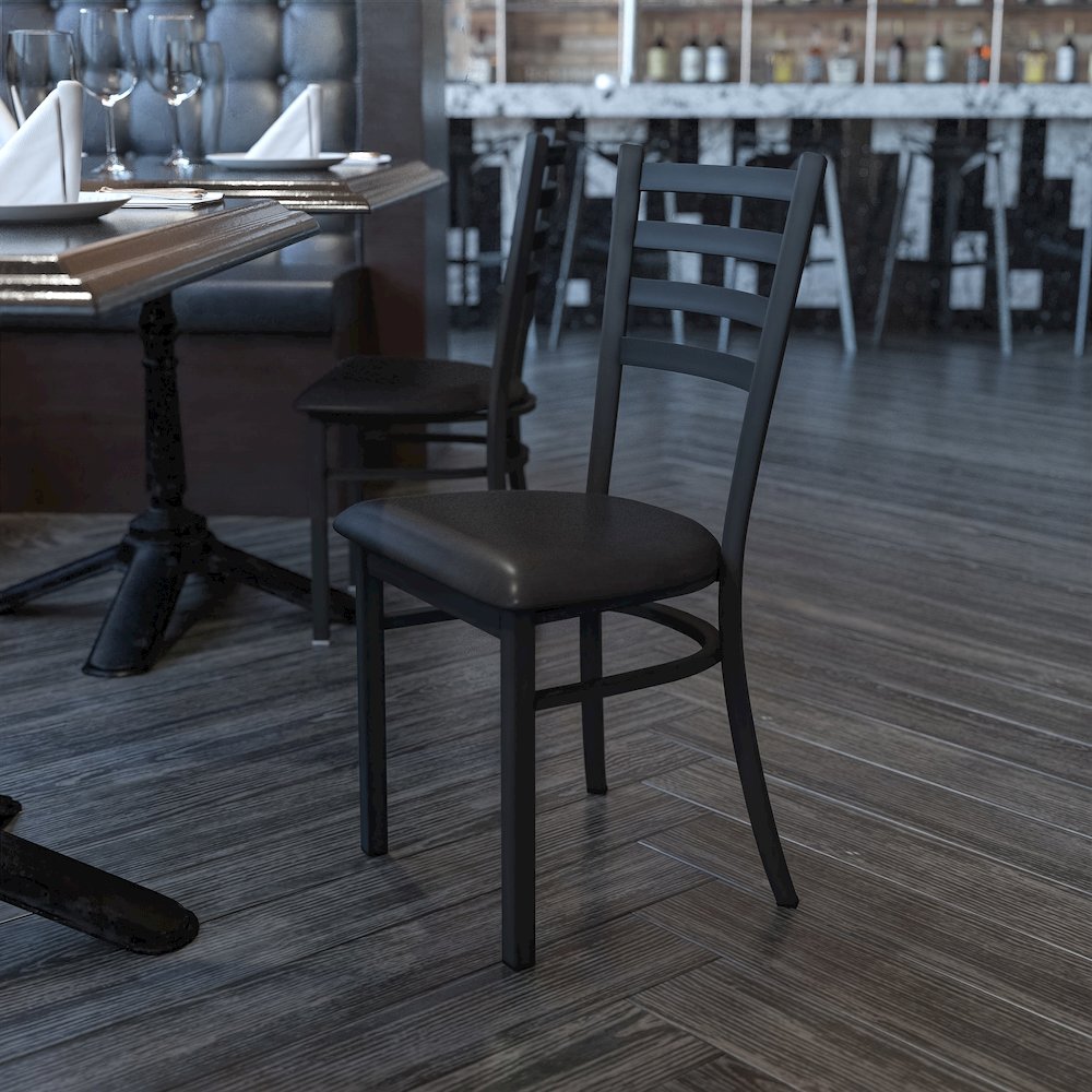 Black Ladder Back Metal Restaurant Chair - Black Vinyl Seat. Picture 2