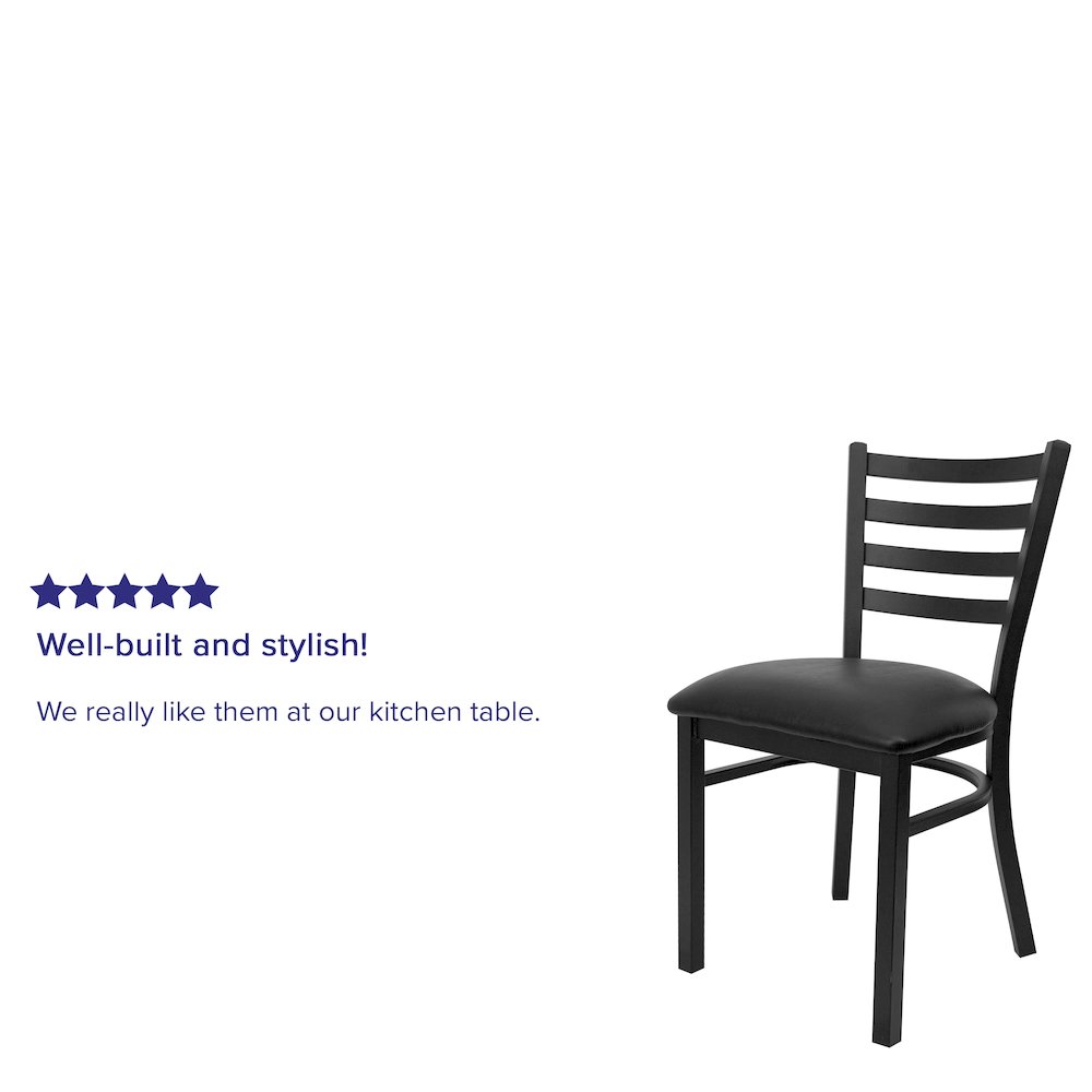 Black Ladder Back Metal Restaurant Chair - Black Vinyl Seat. Picture 4